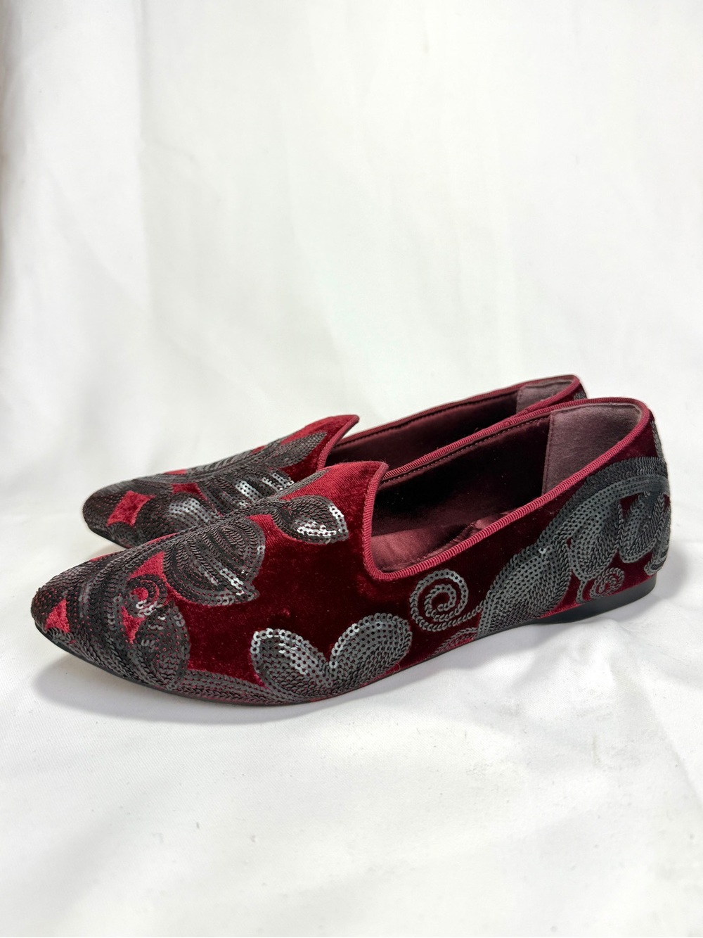 Birdies The Heron Burgundy Velvet and Sequin Flat Shoes Women’s Size 8